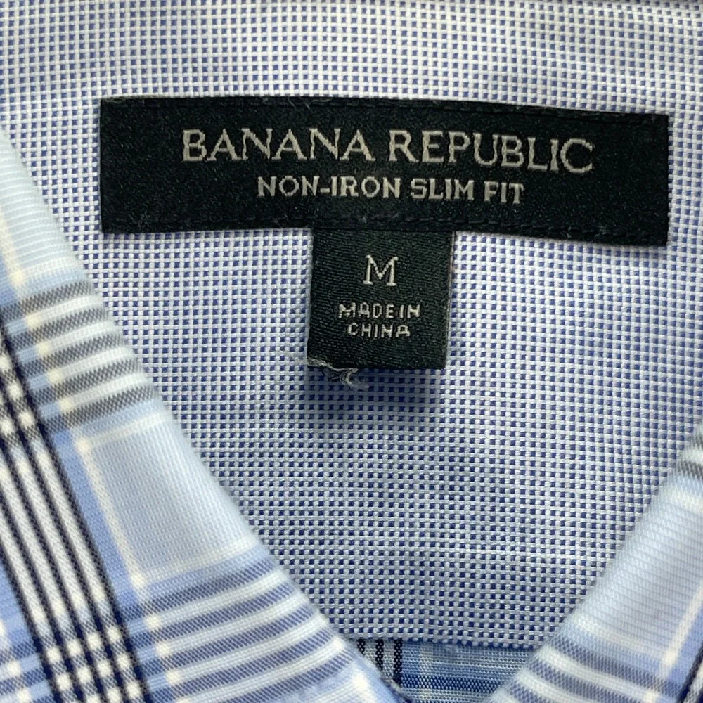 Banana Republic Button Down Men Medium Blue Plaid Non-Iron Slim Fit Long Sleeve